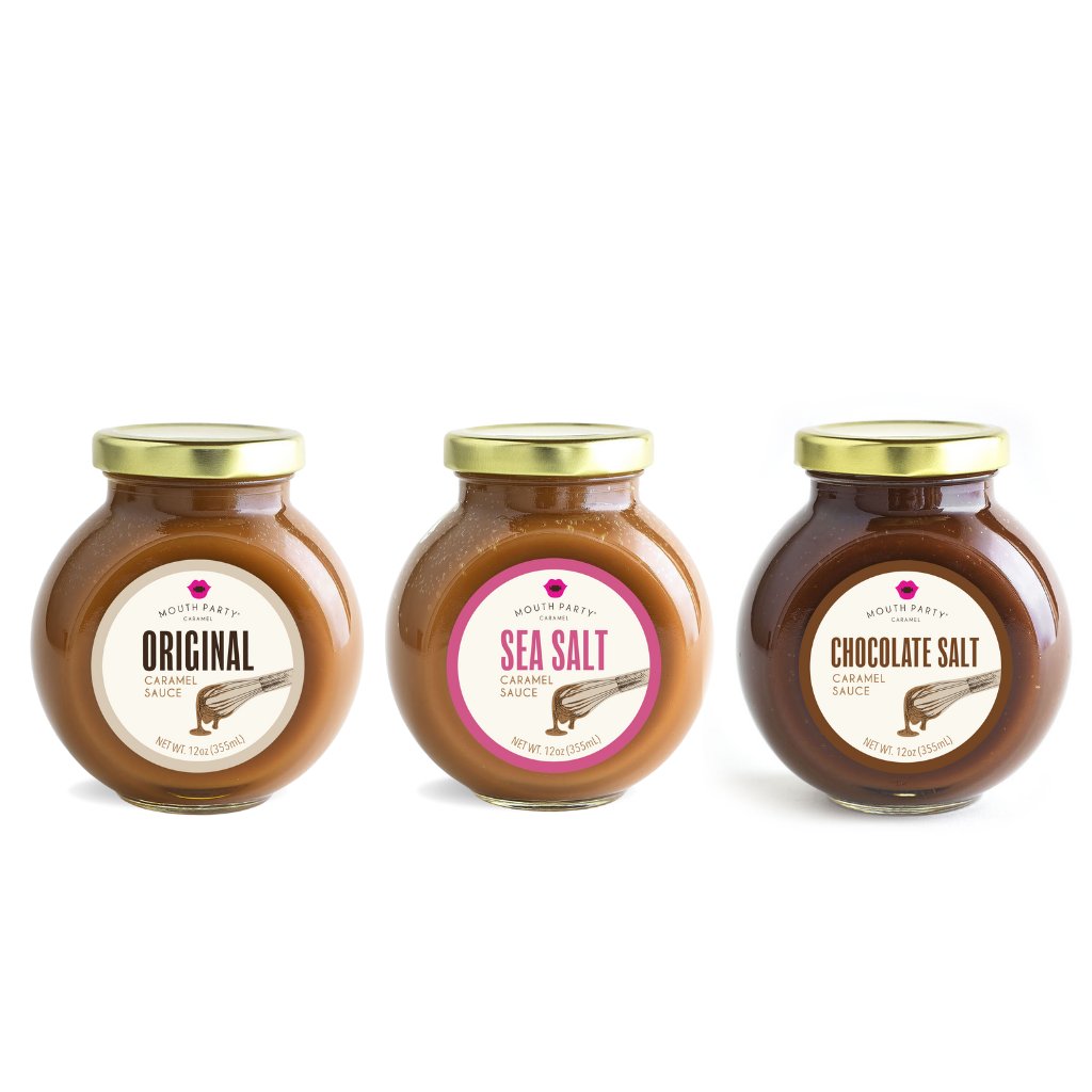 lineup of caramel sauce jars in 3 flavors: original, sea salt, and chocolate sea salt