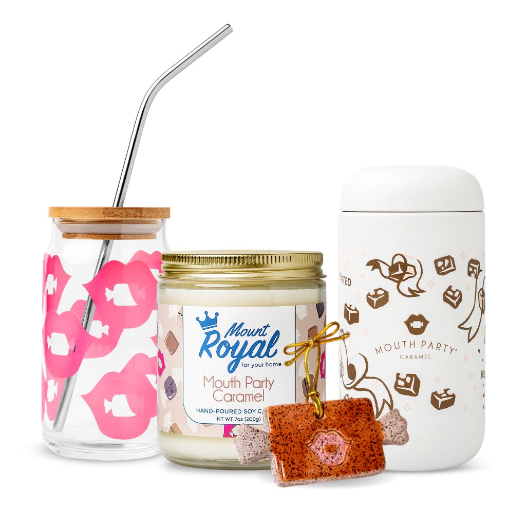a branded travel mug, lip logo color changing glass cup, a caramel scented candle, and a Mouth Party caramel ceramic ornament