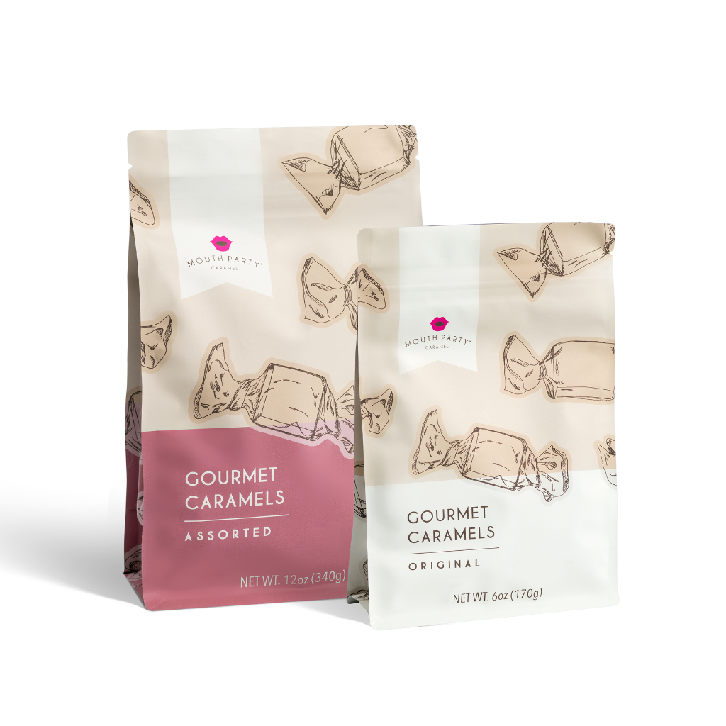 Two bags of assorted gourmet caramels from Mouth Party Caramel
