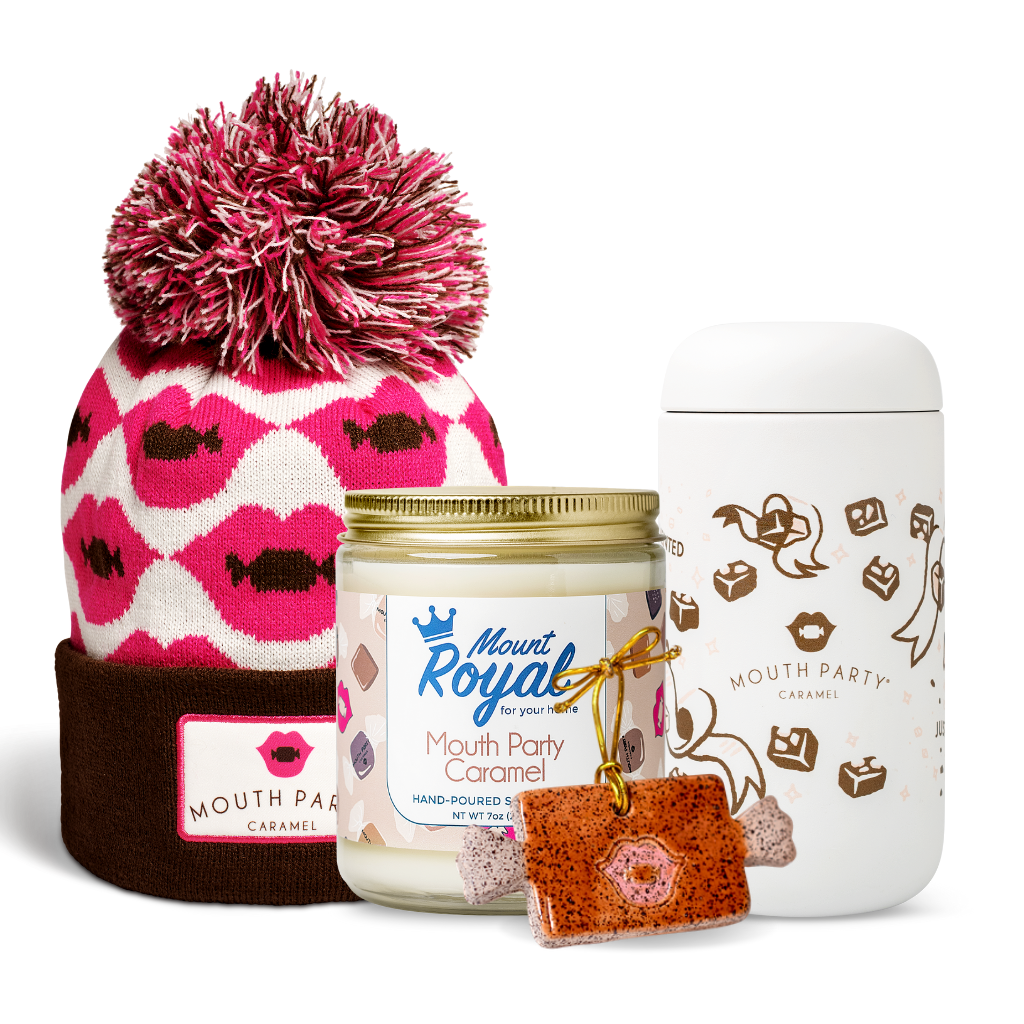 a branded travel mug, lip logo color changing glass cup, a caramel scented candle, and a Mouth Party caramel ceramic ornament