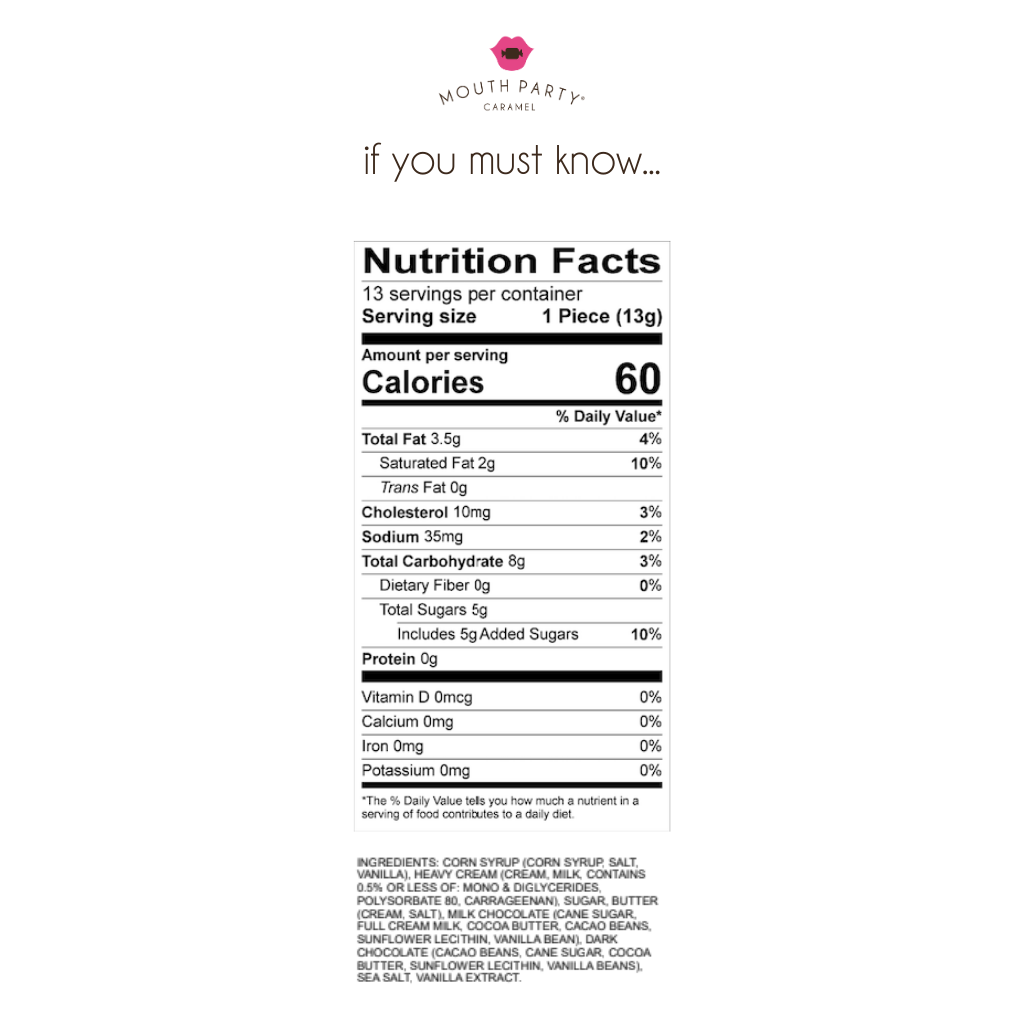 Nutrition facts for assorted gift bag from Mouth Party Caramel