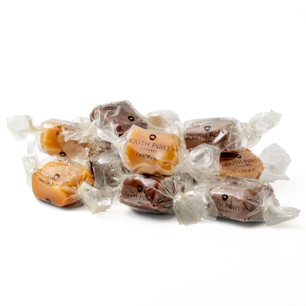 Assorted package includes all four flavors we make: original, sea salt, chocolate sea salt, and OMG! caramels from Mouth Party Caramel.