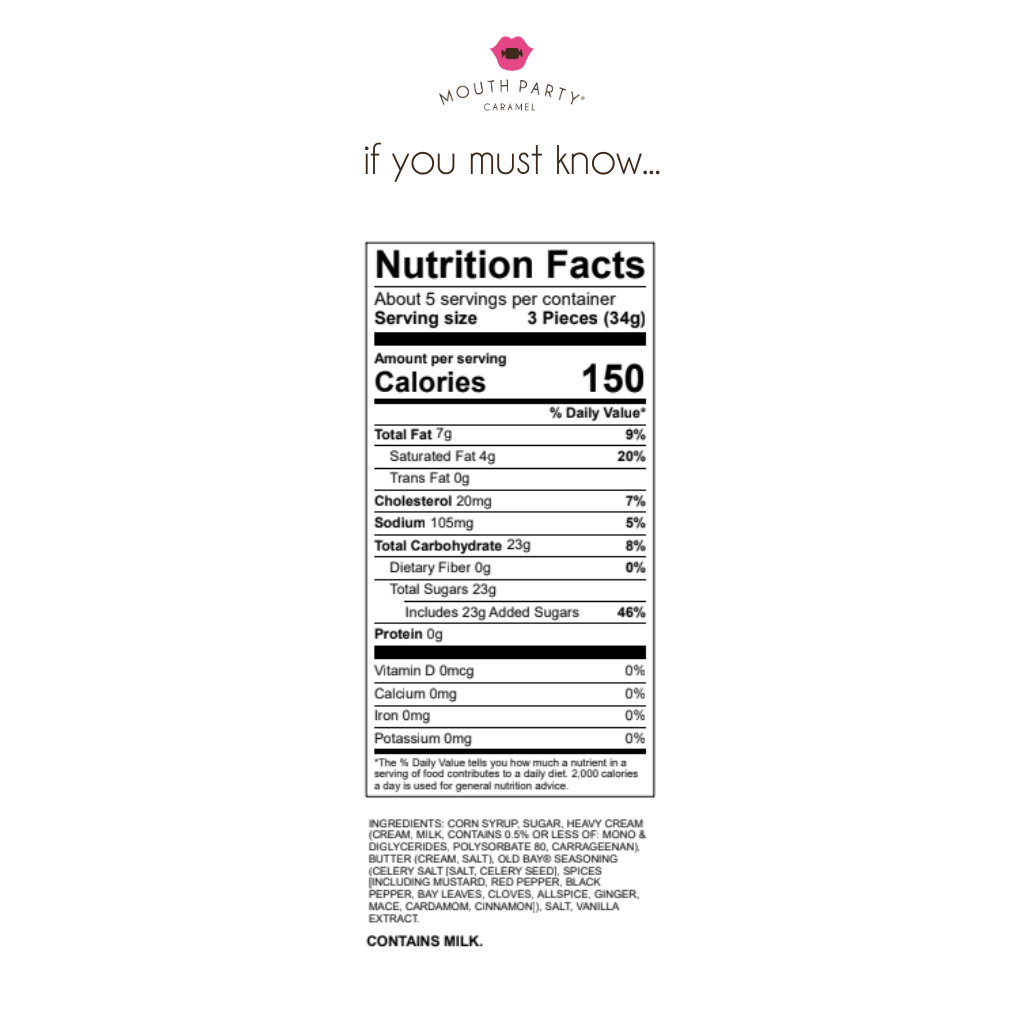 Nutrition facts for caramels infused with iconic Old Bay seasoning