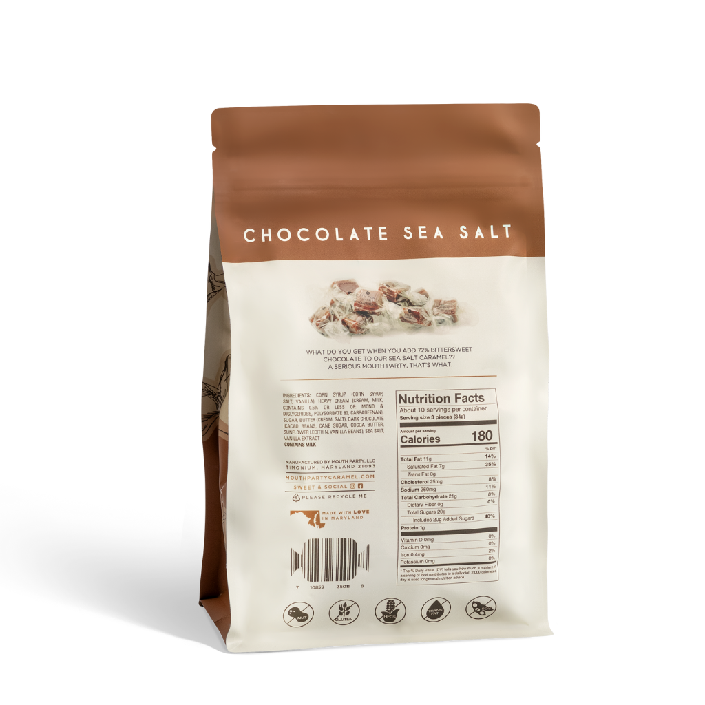 Bag of chocolate sea salt caramels from Mouth Party Caramel