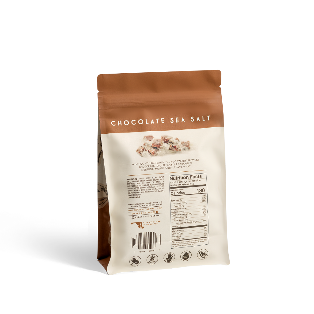 Bag of chocolate sea salt caramels from Mouth Party Caramel