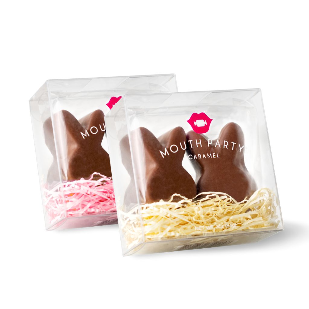 two chocolate covered caramel bunny gift boxes from Mouth Party Caramel